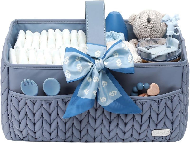 LUKJOJO Luxurious Baby Diaper Caddy, Nursery Storage Basket for Newborn Essentials, Travel Baby Basket for Diapers Baby Wipes, Organizer Tote Bag Storage Bin, Baby Shower Gifts(ash blue) - Image 1